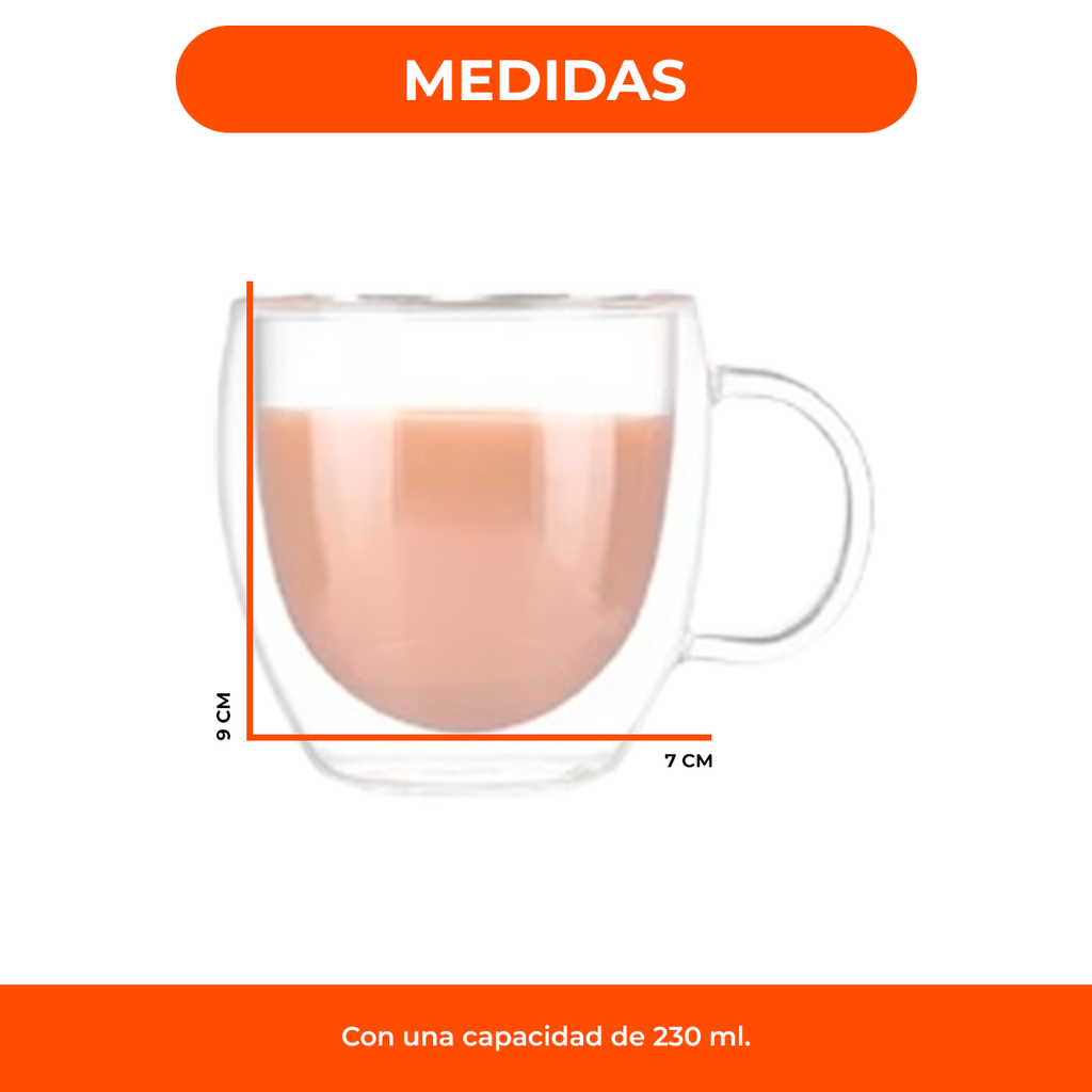 Taza De Cafe Te 230ml Vidrio Con Asa Doble Capa Infusiones