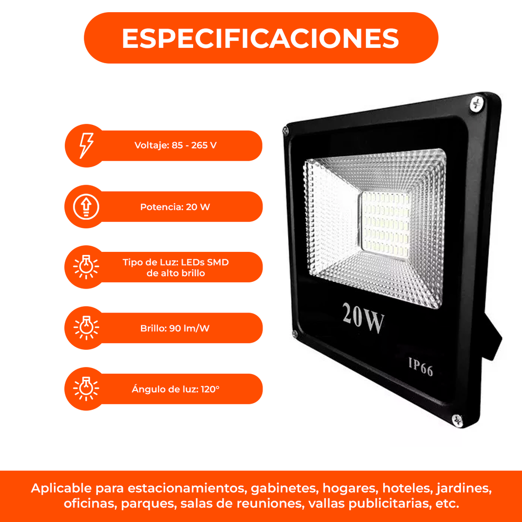 Reflector Led 20w Exterior Alta Potencia IP66