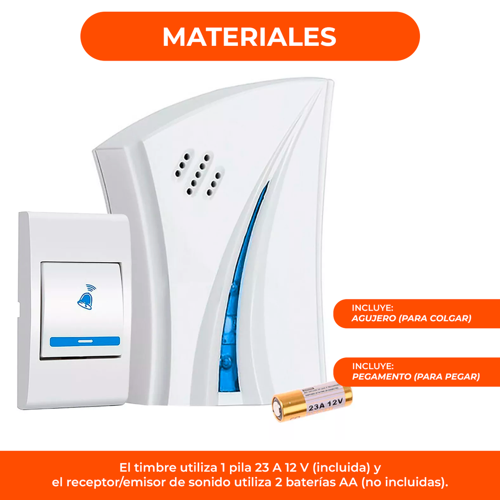 Timbre Inalambrico A Pilas C/Sonido. Sin Luz, Sin Cables