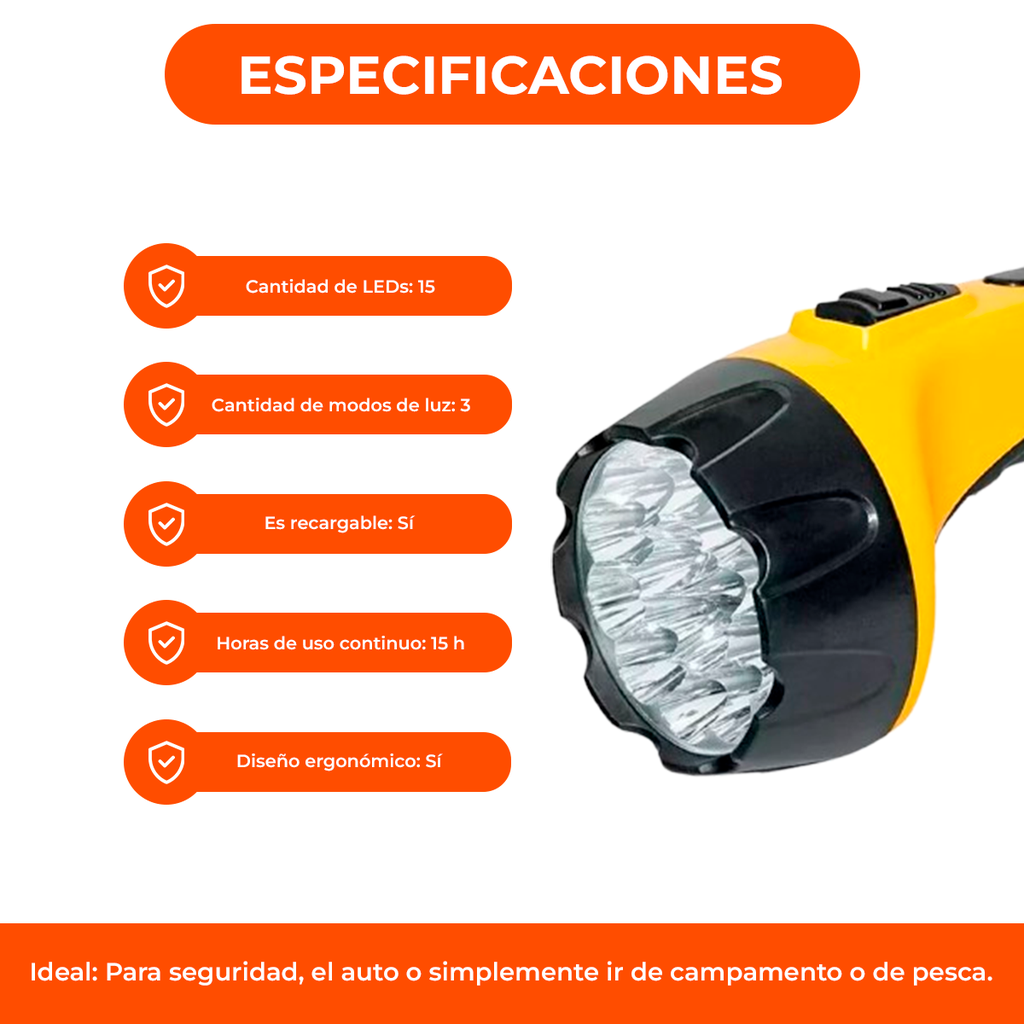 Linterna Recargable De 15 Leds Mediana 12 Hs Autonomia 220v