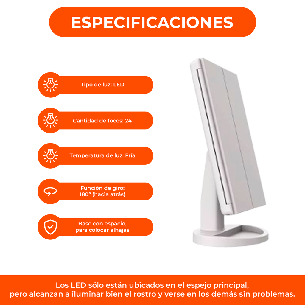 Espejo Cosmetic Maquillaje 22 Led 3 Aumentos Baterias Usb