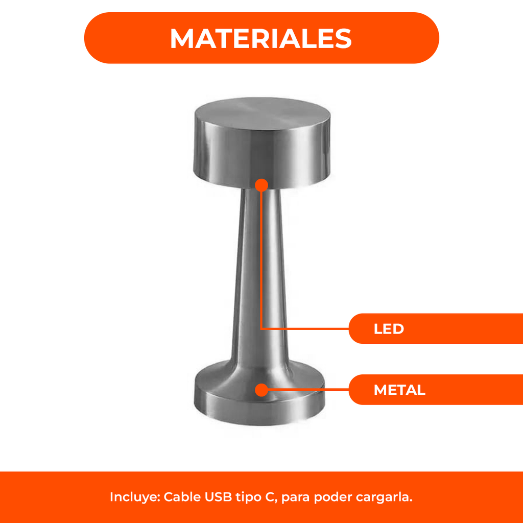 Lámpara Velador Led Recargable Usb Tácil Dimmer Metal Bar