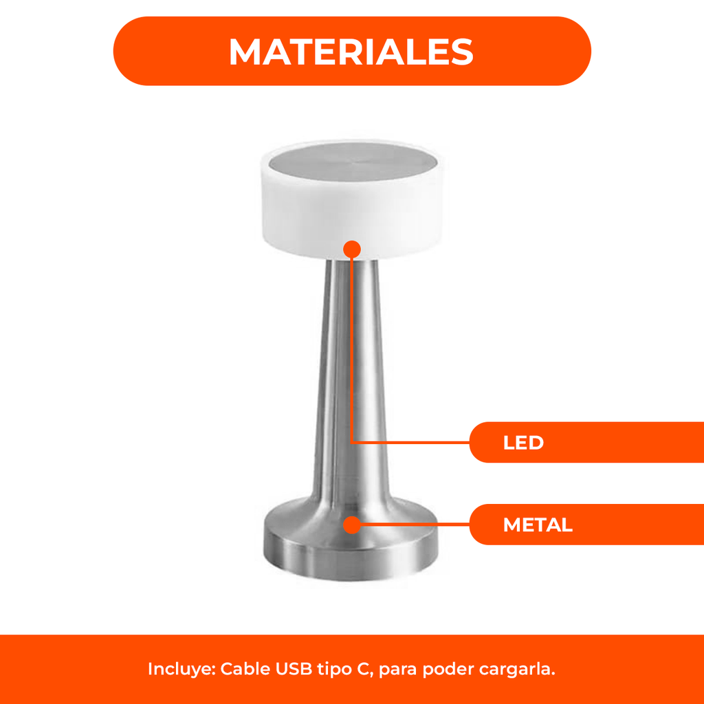 Lámpara Velador Led Recargable Usb Tácil Dimmer Metal Bar