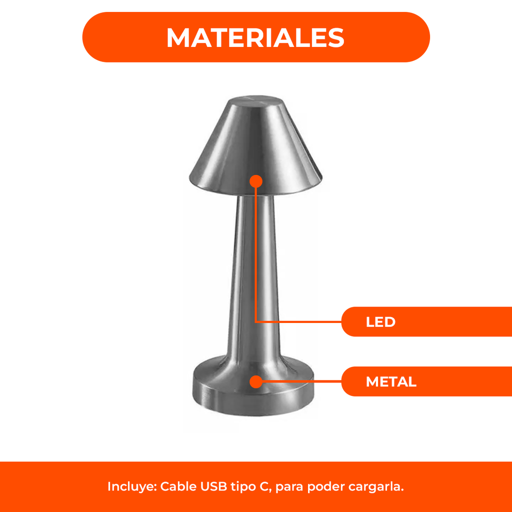 Lámpara Velador Led Recargable Usb Tácil Dimmer Metal Bar