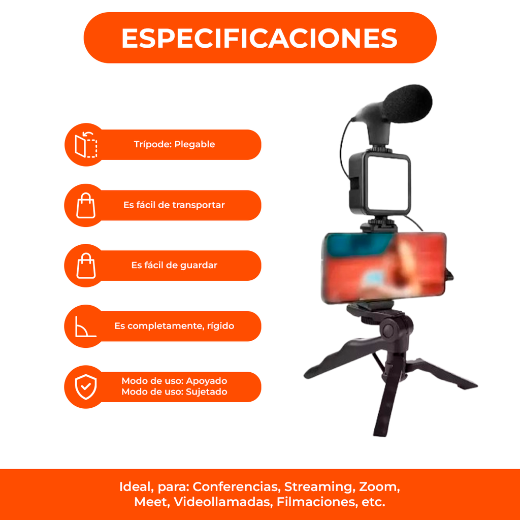 Kit Video Streaming Microfono Tripode Luz Youtube