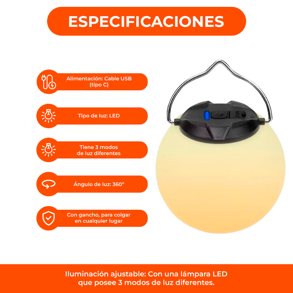 Lámpara Led Colgante Recargable 3 Funciones Portátil Camping