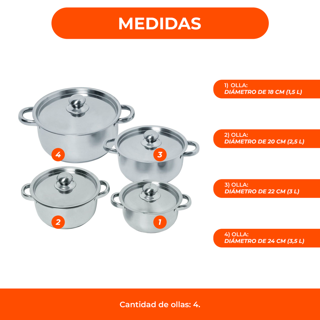 Set 4 Pz Olla Cacerola Acero Inoxidable Bateria Cocina