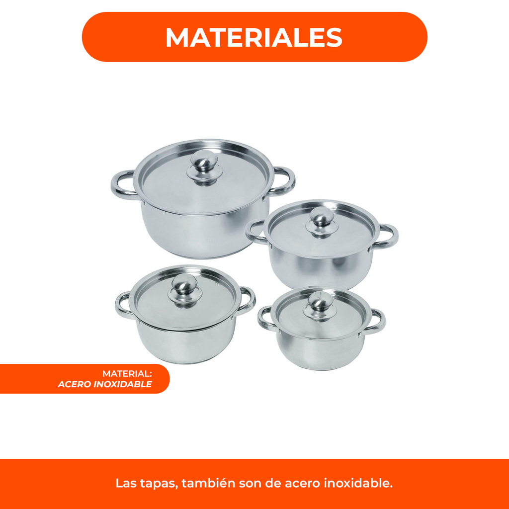 Set 4 Pz Olla Cacerola Acero Inoxidable Bateria Cocina