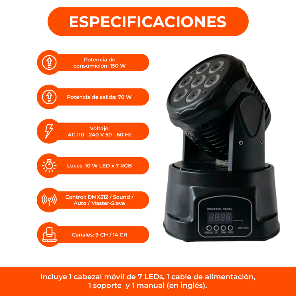 Cabezal Movil 7 Led X 12w Rgbw Robotico Dmx 13 Canales Dj