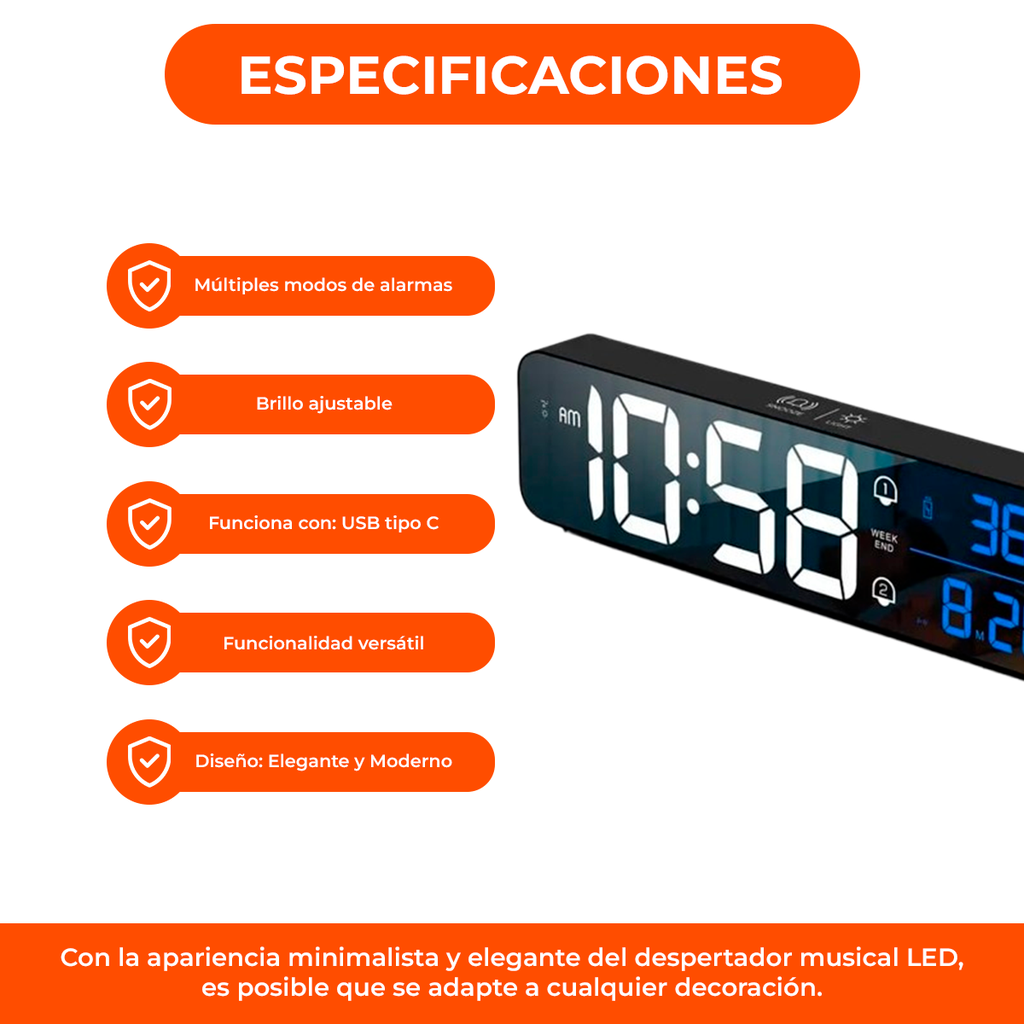 Reloj Despertador Pantalla Led Alarma Temperatura Brillo