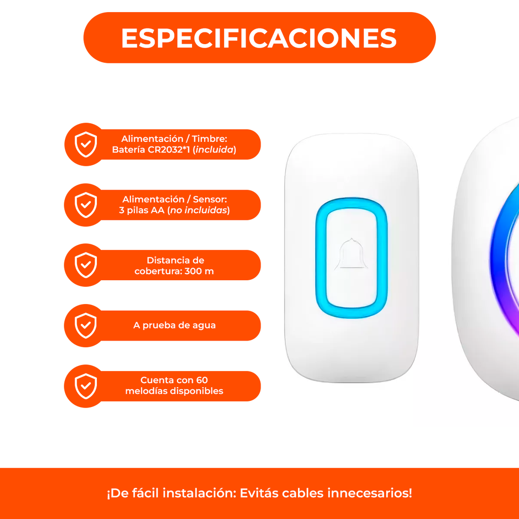 Timbre Inalambrico Wireless Doorbell Kit 60 Melo 300 Mts Led