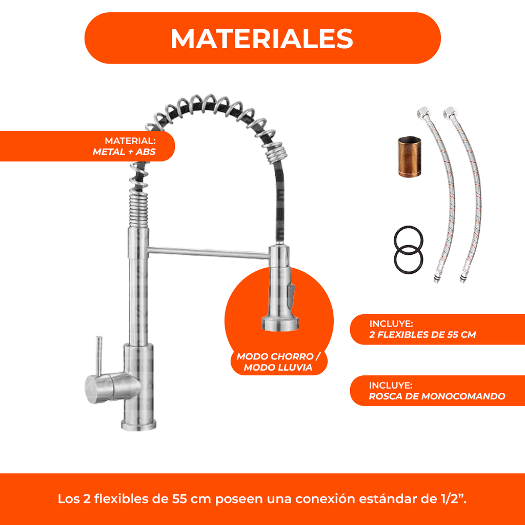 Griferia extensible para cocina canilla monocomando flexible chef cromado