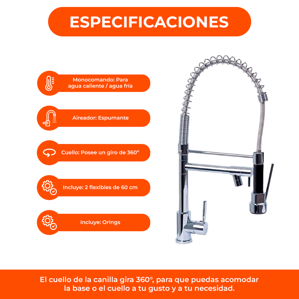 Grifería para cocina canilla monocomando extensible flexible chef cromada