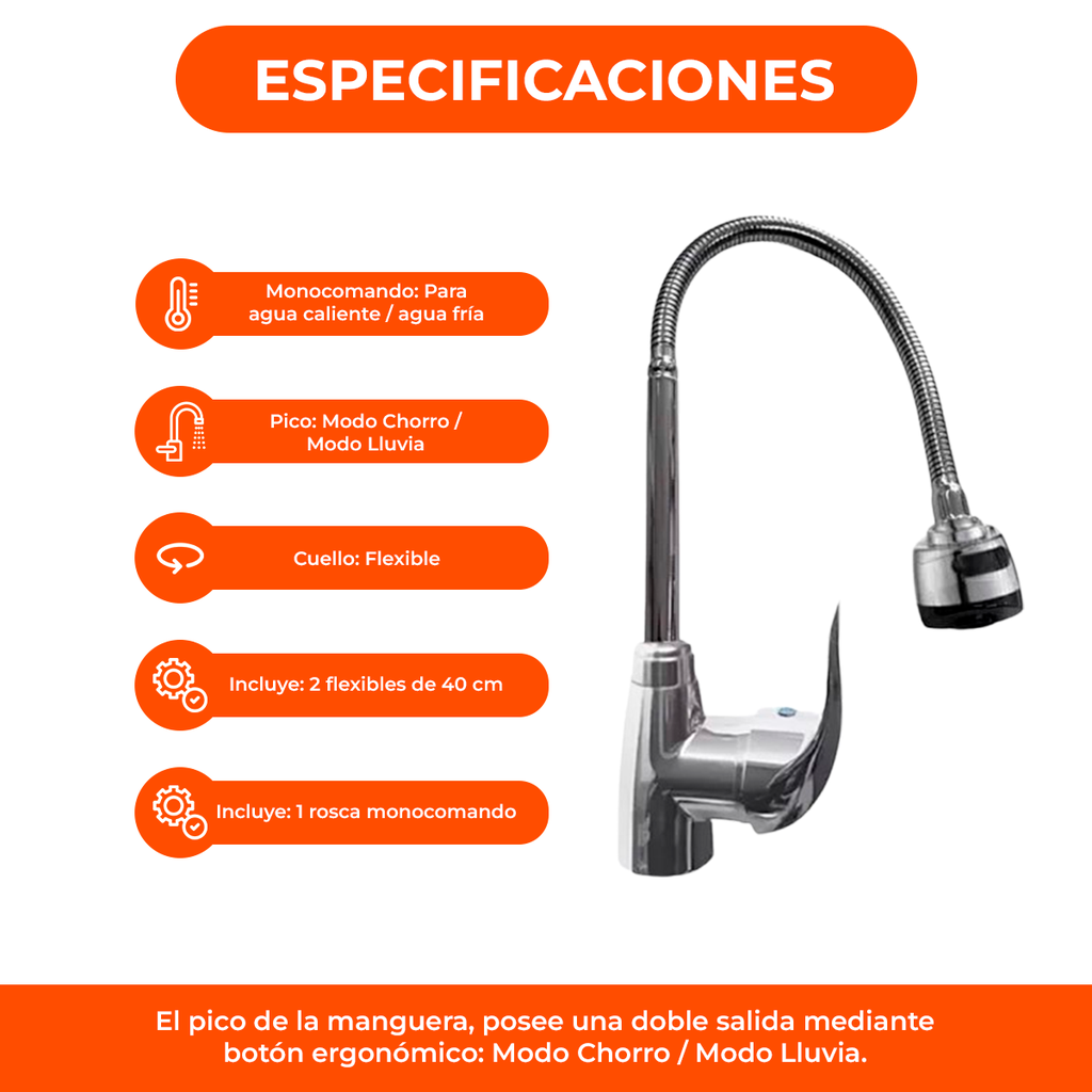 Griferia Cocina Canilla Monocomando Lluvia Chorro Flexible A