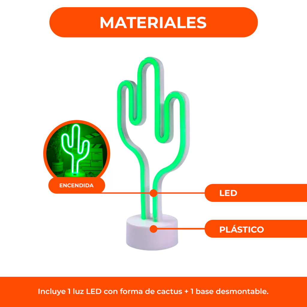 Lampara Velador Neon Luz Led Forma Cactus Con Base