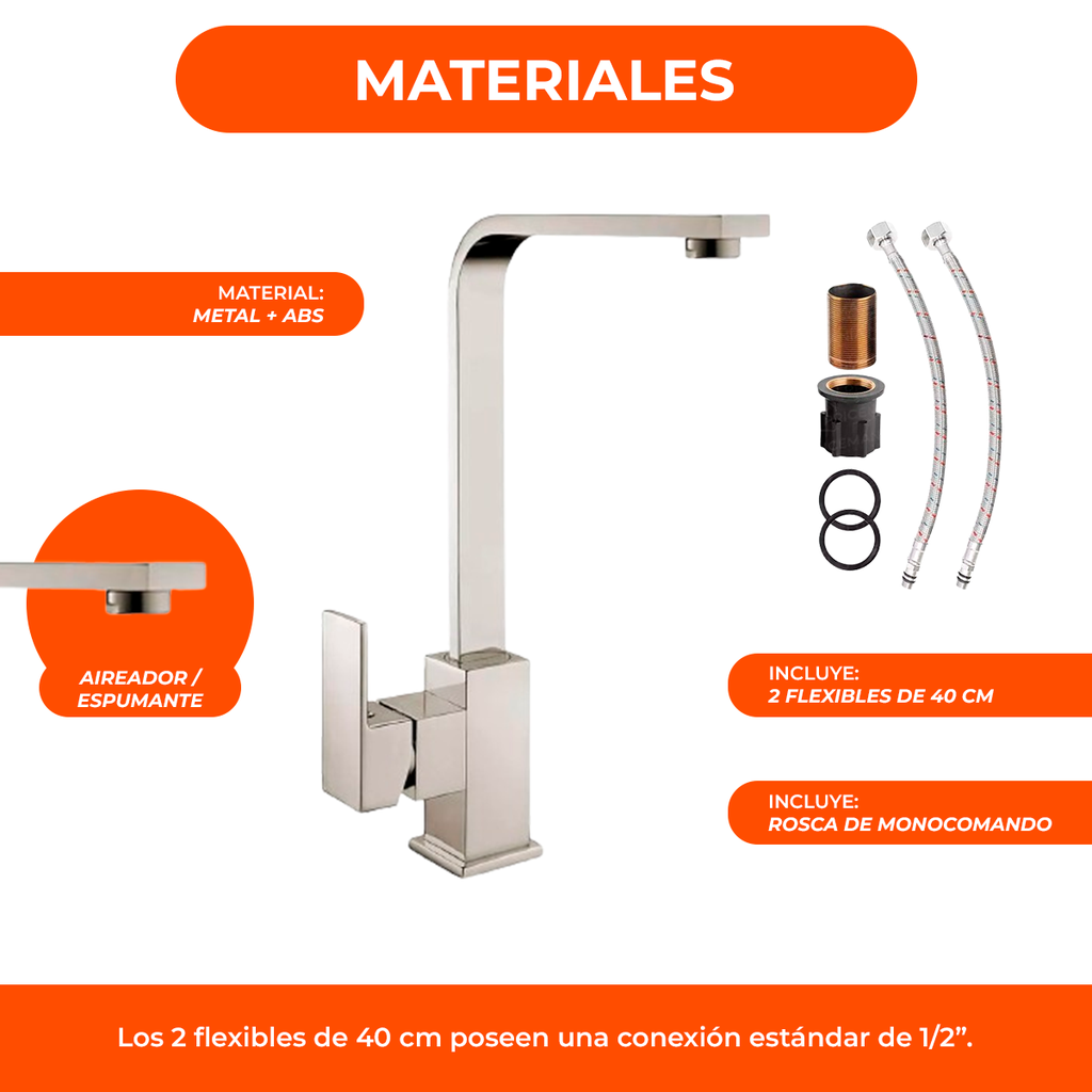 Canilla Monocomando Cocina Cuadrada Alta Recta Satinada Luxe