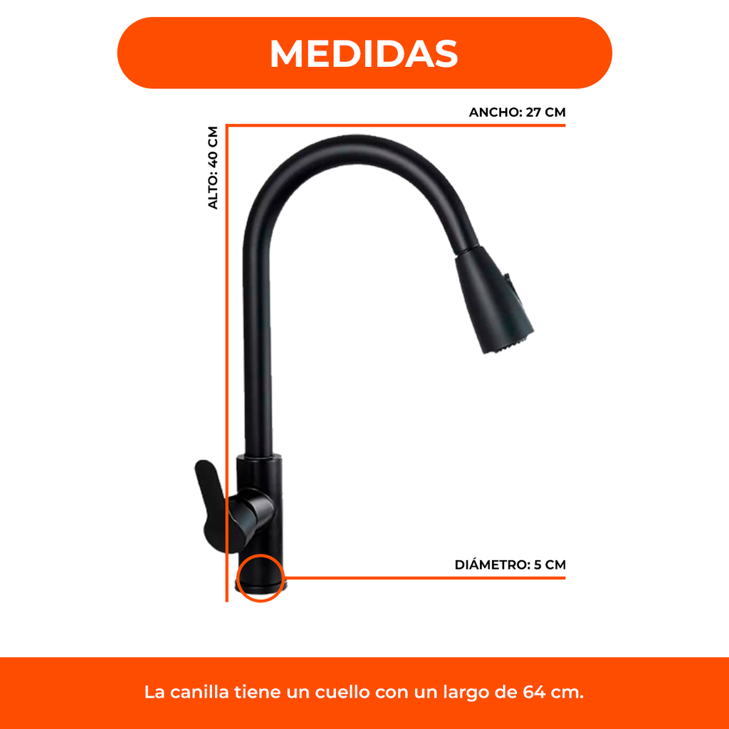 Griferia Mesada Negra Gourmet Extensible Lluvia Cuadrado Lux