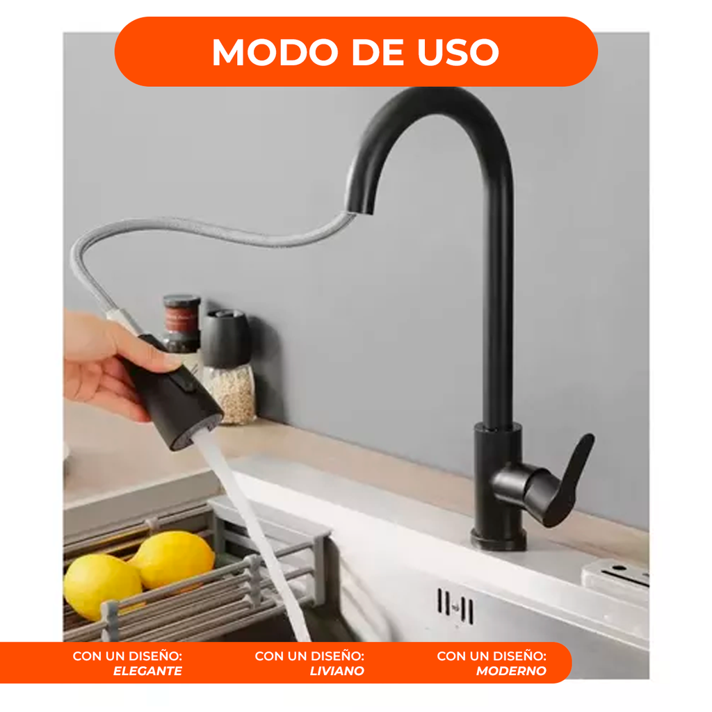 Griferia Mesada Negra Gourmet Extensible Lluvia Cuadrado Lux